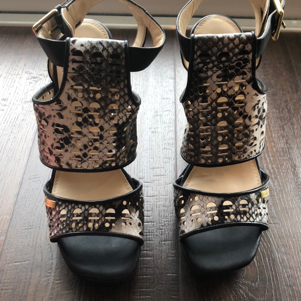 Calvin Klein Black and Metallic Cutout Block Heel Sandals